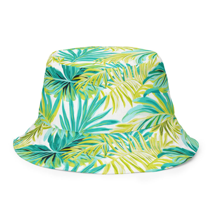 REVERSIBLE BUCKET HAT - Unisex Tropical Hat with Sun Protection Mens Womens Green Teal Palm Leaves Printed Pattern Hat Beach Pool Party