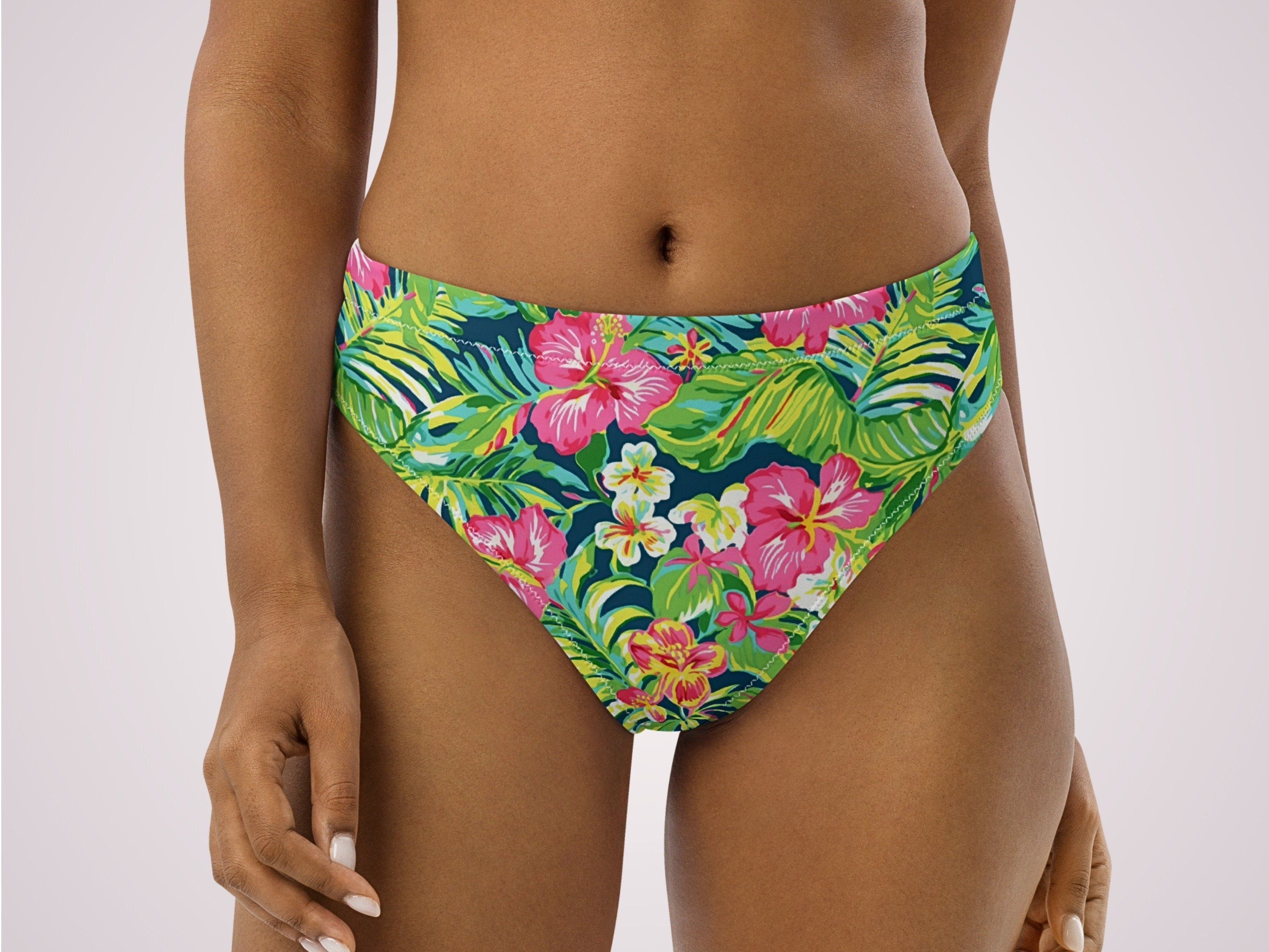 Tropical Floral Print High Waisted Bikini Bottoms Green Pink Womens Swimwear Separates Sun Protection Sexy Swim Wear for Vacation Beach Pool