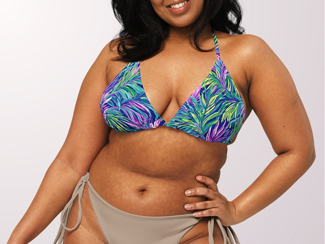 Tropical Palm Leaves String Bikini Top Blue Purple Womens Minimal Swimwear UPF 50+ UV Sun Protection Sexy Swim Wear for Vacation Beach Pool