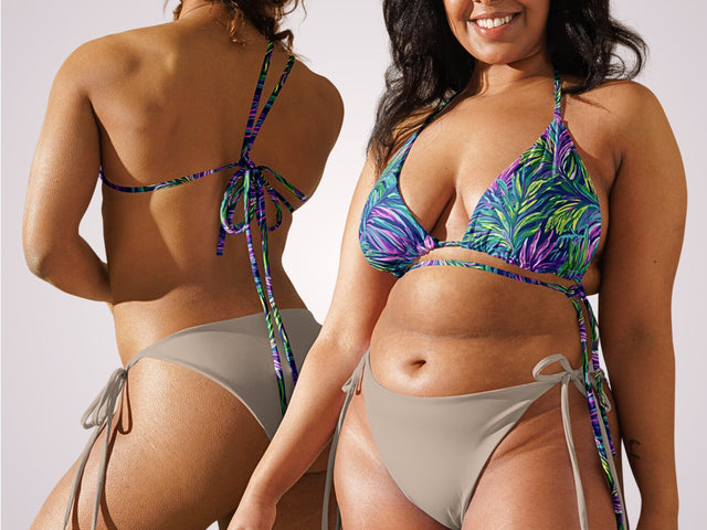 Tropical Palm Leaves String Bikini Top Blue Purple Womens Minimal Swimwear UPF 50+ UV Sun Protection Sexy Swim Wear for Vacation Beach Pool
