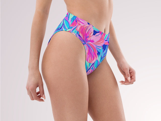 Tropical Floral Print High Waisted Bikini Bottoms Pink Blue Womens Swimwear Separates Sun Protection Sexy Swim Wear for Vacation Beach Pool