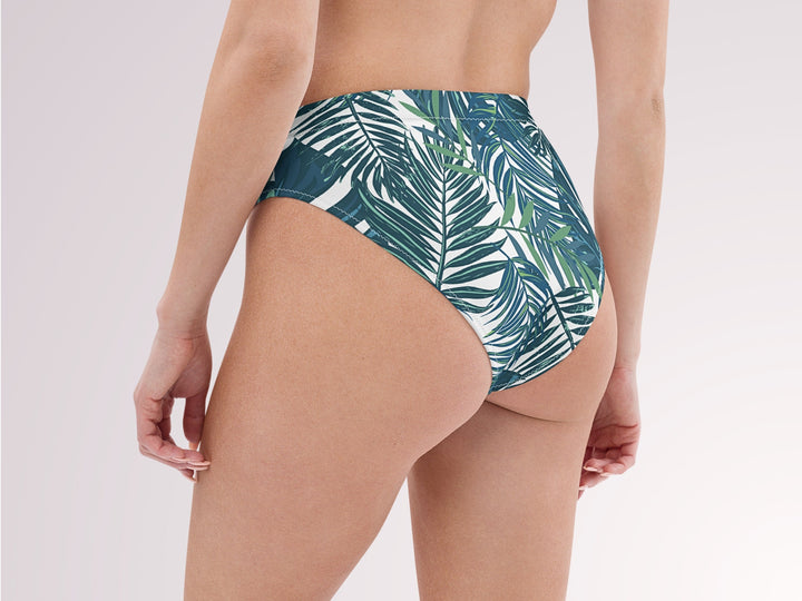 BIKINI BOTTOM - Green Tropical Leaves High Waist Bottom Medium Coverage Womens Swimwear with Sun Protection For Beach Vacation Pool Party