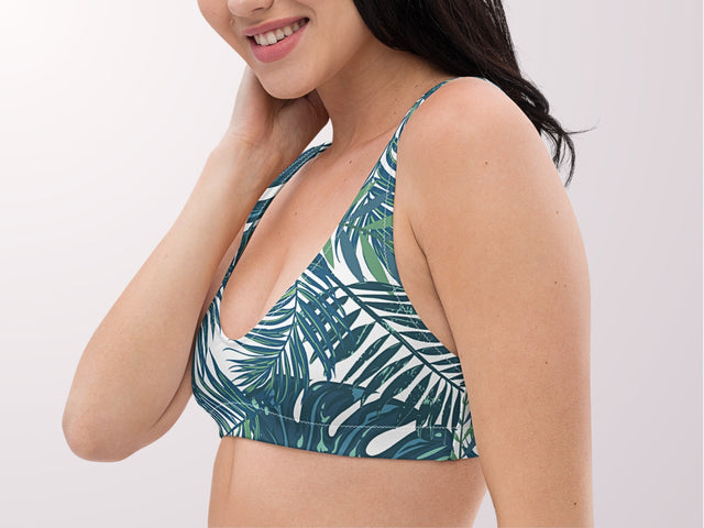 Tropical Leaves Print Padded Bralette Bikini Top Dark Teal Womens Swimwear Separates Sun Protection Sexy Swim Wear for Vacation Beach Pool
