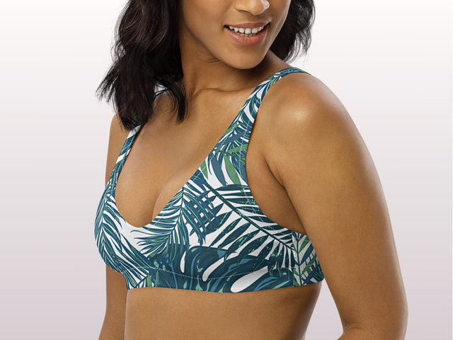 Tropical Leaves Print Padded Bralette Bikini Top Dark Teal Womens Swimwear Separates Sun Protection Sexy Swim Wear for Vacation Beach Pool