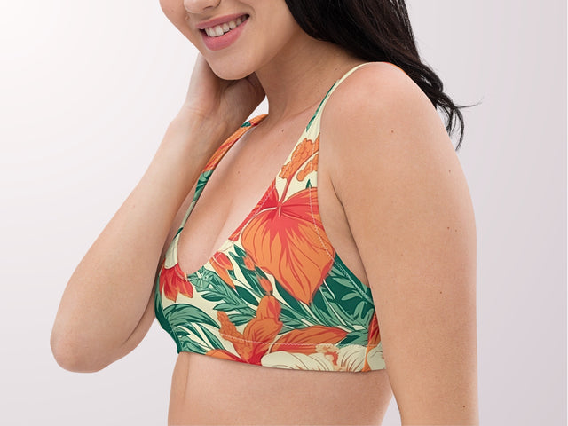 Tropical Floral Print Padded Bralette Bikini Top Orange Hibiscus Hawaiian Womens Swimwear Separates Sun Protection Swim Vacation Beach Pool