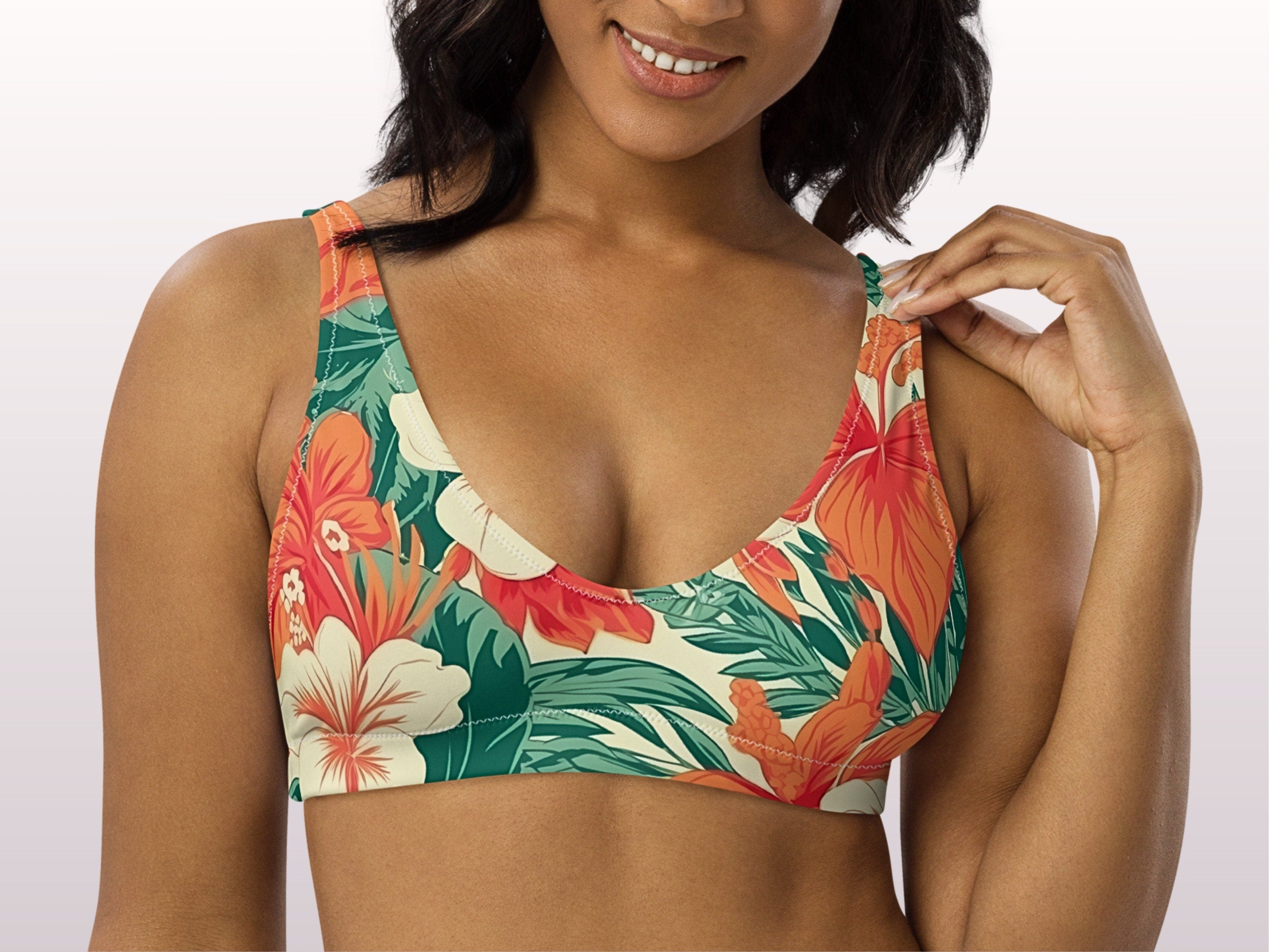 Tropical Floral Print Padded Bralette Bikini Top Orange Hibiscus Hawaiian Womens Swimwear Separates Sun Protection Swim Vacation Beach Pool