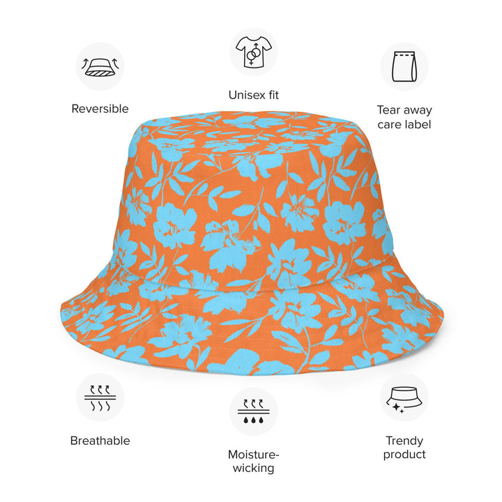 REVERSIBLE BUCKET HAT - Unisex Tropical Floral Hat with Sun Protection Mens Womens Orange & Blue Printed Pattern Hat for Beach Pool Party