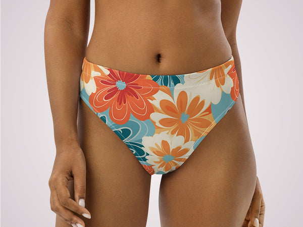 Retro Floral Print High Waisted Bikini Bottoms Teal & Orange Womens Swimwear Separates Sun Protection Sexy Swim Wear for Vacation Beach Pool