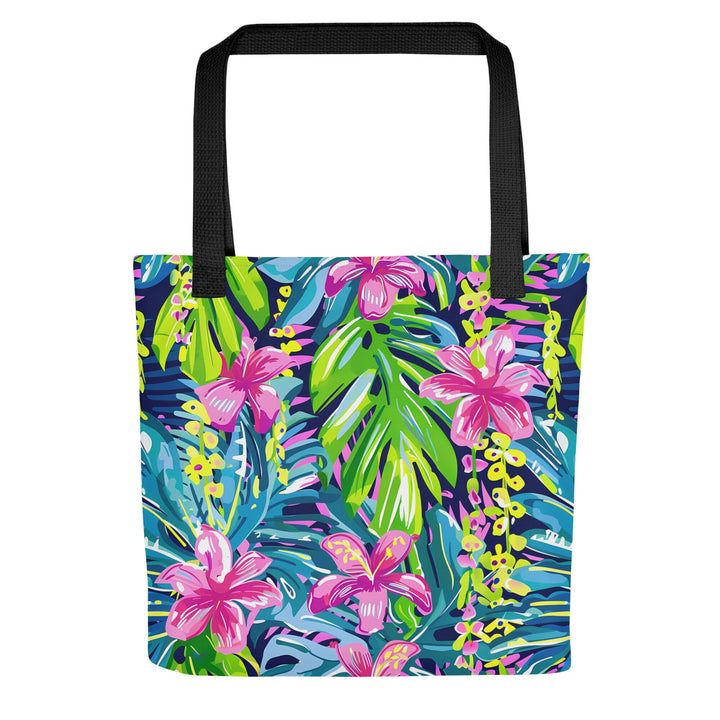 15X15 TOTE BAG - Tropical Floral Tote with Handles Durable Fabric Blue Pink Hibiscus Flower High Quality for Work Beach Pool Vacation Trip