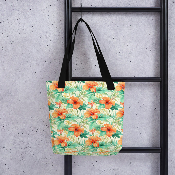 15X15 TOTE BAG - Tropical Floral Tote with Handles Durable Fabric Orange Hibiscus Flowers High Quality for Work Beach Pool Vacation Trip