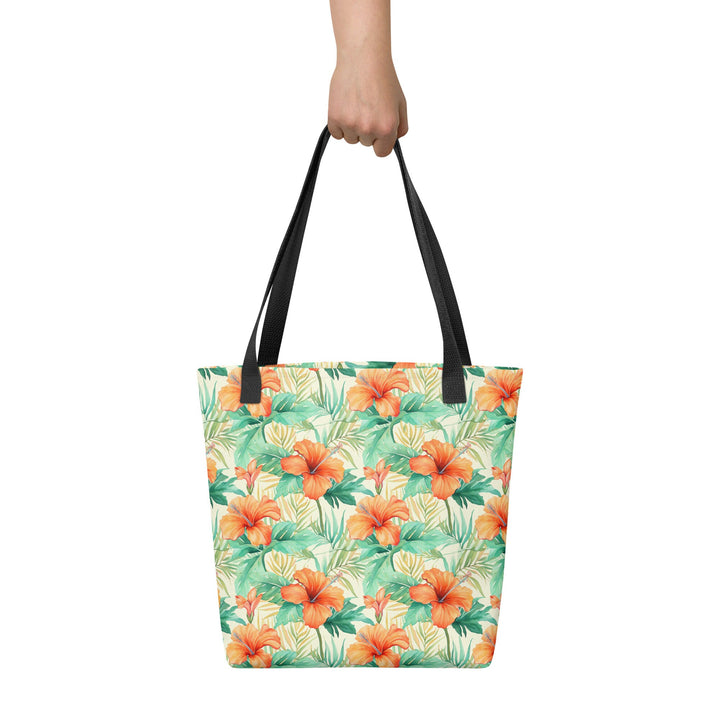 15X15 TOTE BAG - Tropical Floral Tote with Handles Durable Fabric Orange Hibiscus Flowers High Quality for Work Beach Pool Vacation Trip