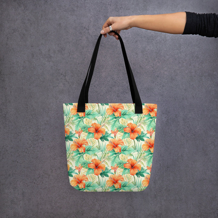 15X15 TOTE BAG - Tropical Floral Tote with Handles Durable Fabric Orange Hibiscus Flowers High Quality for Work Beach Pool Vacation Trip