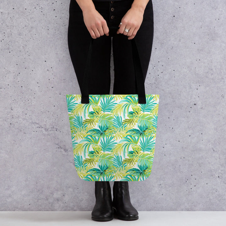 15X15 TOTE BAG - Tropical Leaves Tote with Handles Durable Fabric Green & Teal Palm Leaves High Quality for Work Beach Pool Vacation Trip