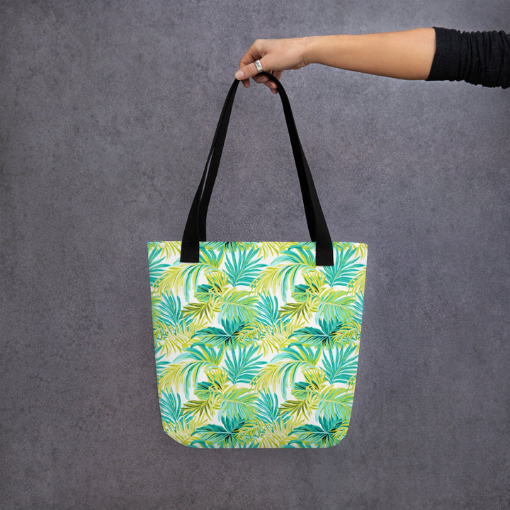 15X15 TOTE BAG - Tropical Leaves Tote with Handles Durable Fabric Green & Teal Palm Leaves High Quality for Work Beach Pool Vacation Trip