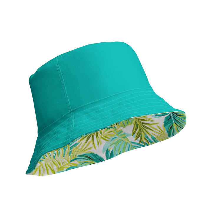 REVERSIBLE BUCKET HAT - Unisex Tropical Hat with Sun Protection Mens Womens Green Teal Palm Leaves Printed Pattern Hat Beach Pool Party