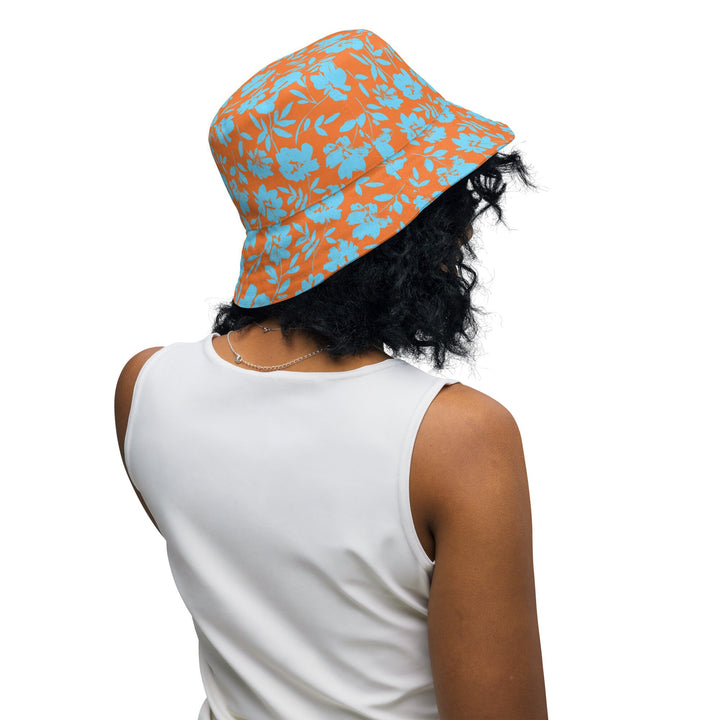 REVERSIBLE BUCKET HAT - Unisex Tropical Floral Hat with Sun Protection Mens Womens Orange & Blue Printed Pattern Hat for Beach Pool Party