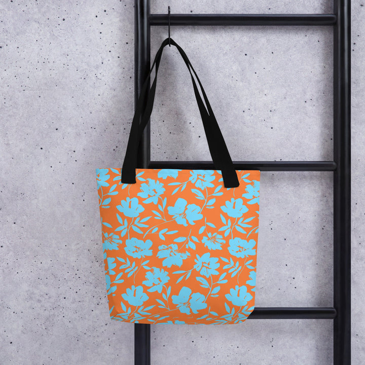 15X15 TOTE BAG - Tropical Floral Tote with Handles Durable Fabric Orange & Blue High Quality for Work Beach Pool Vacation Trip