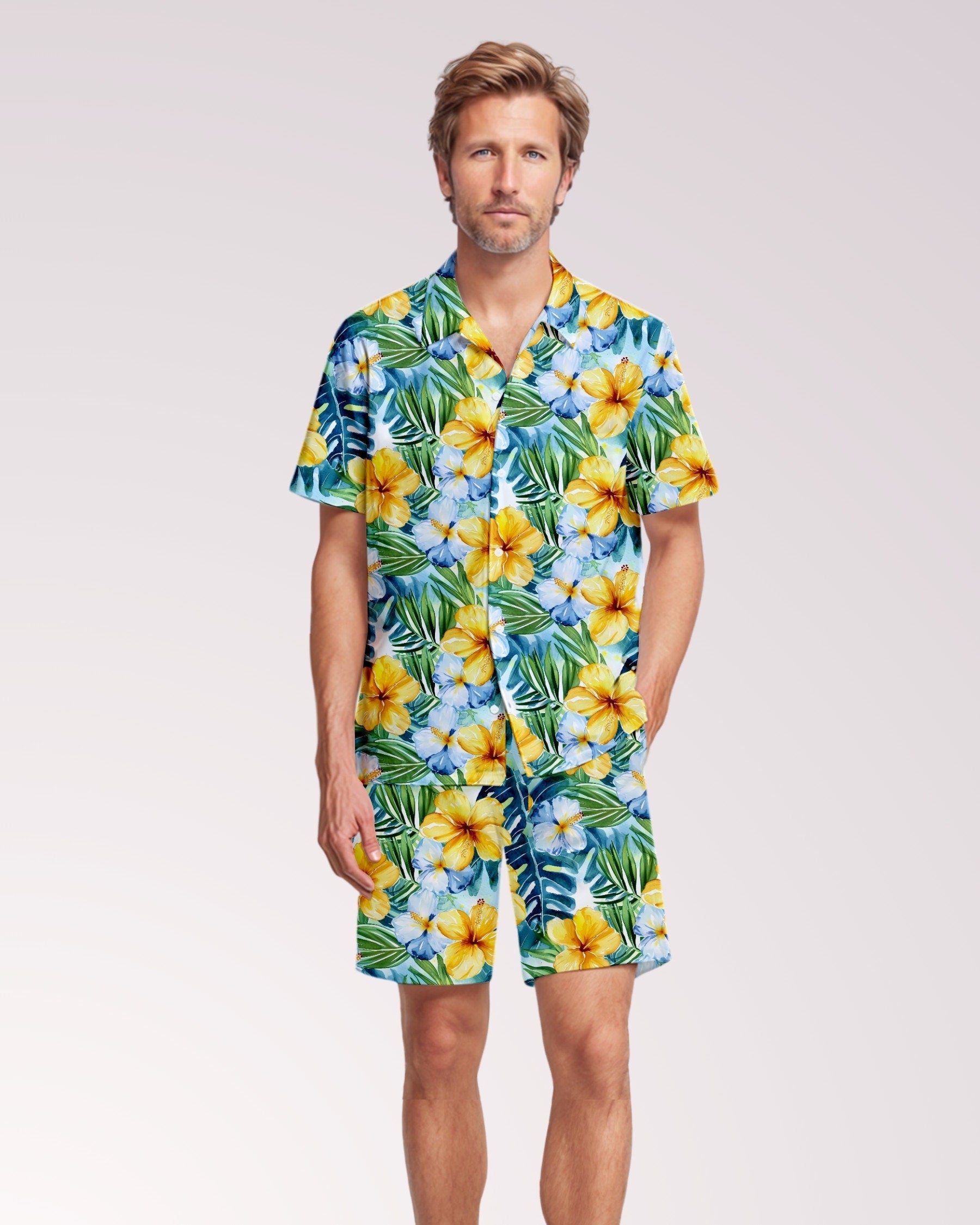 Mens Cabana Shirt & Shorts Set, Two Piece Shorts Set, Matching Beach Set, Co-ord Shirt Shorts, Summer Tracksuit, Mens Leisure Suit