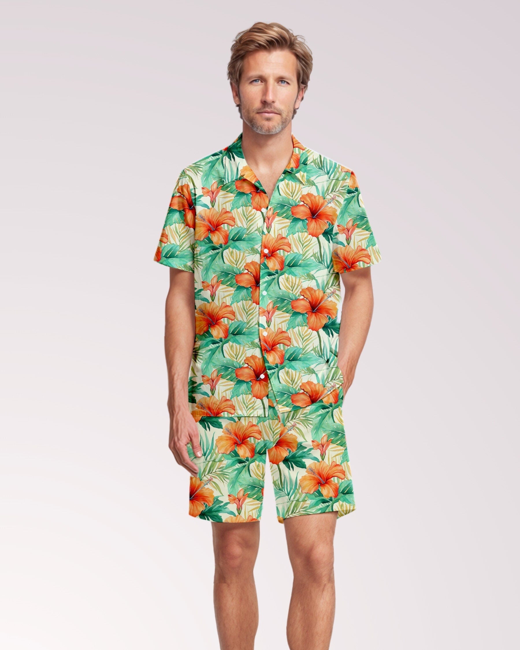 Mens Cabana Shirt & Shorts Set, Two Piece Shorts Set, Matching Beach Set, Co-ord Shirt Shorts, Summer Tracksuit, Mens Leisure Suit