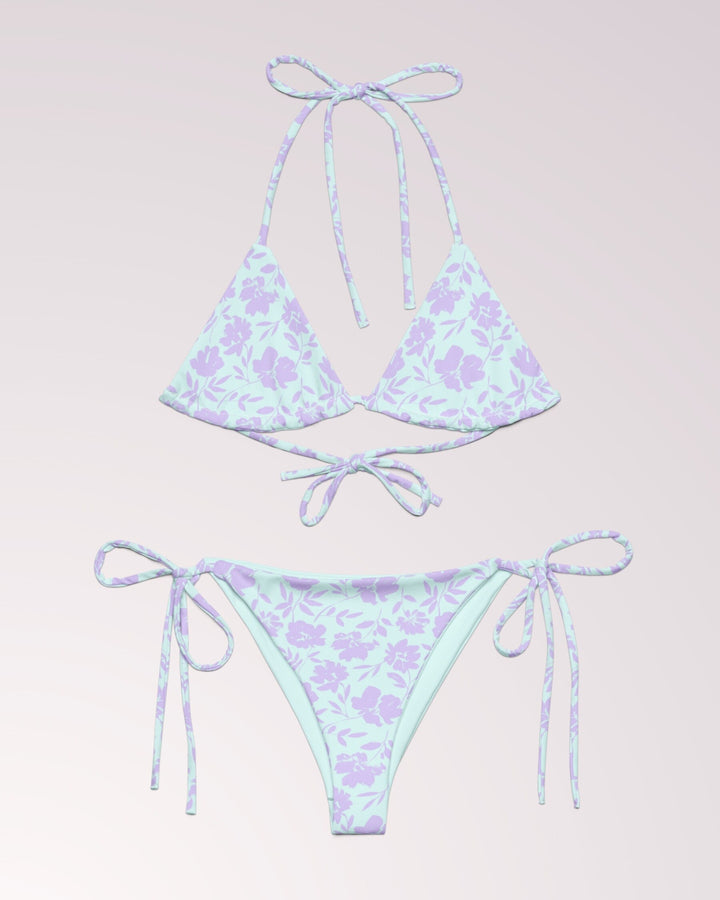 FLORAL BIKINI - Lavender & Blue Flower Print Classic String Bikini Set Womens Swimwear with Sun Protection Beach Vacation Pool Party PF001