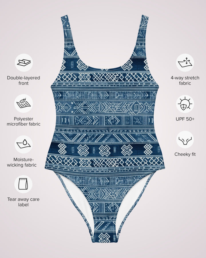 ONE PIECE SWIMSUIT - Blue Faux Denim Print Womens Bathing Suit with Sun Protection Ladies Swim Wear For Beach Vacation Pool Party Swimming