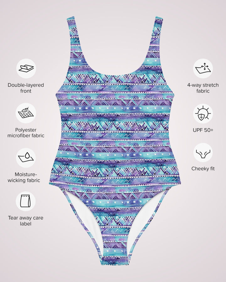 ONE PIECE SWIMSUIT - Purple Blue Boho Tribal Print Womens Bathing Suit Sun Protection Ladies Swim Wear Beach Vacation Pool Party Swimming