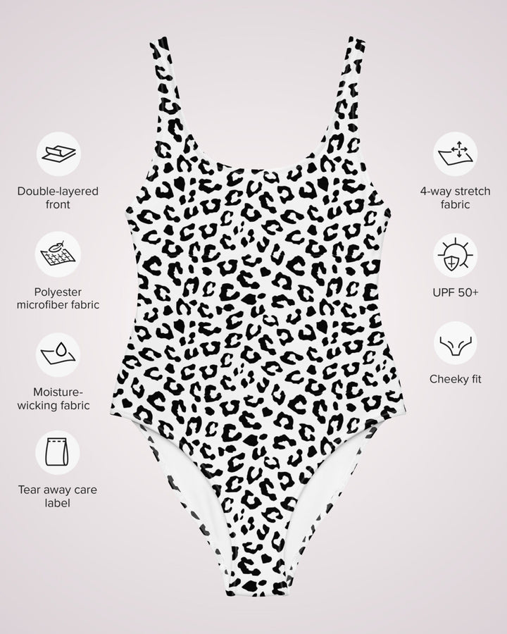 ONE PIECE SWIMSUIT - Black White Animal Print Leopard Women Bathing Suit Sun Protection Ladies Swim Wear Beach Vacation Pool Party Swimming