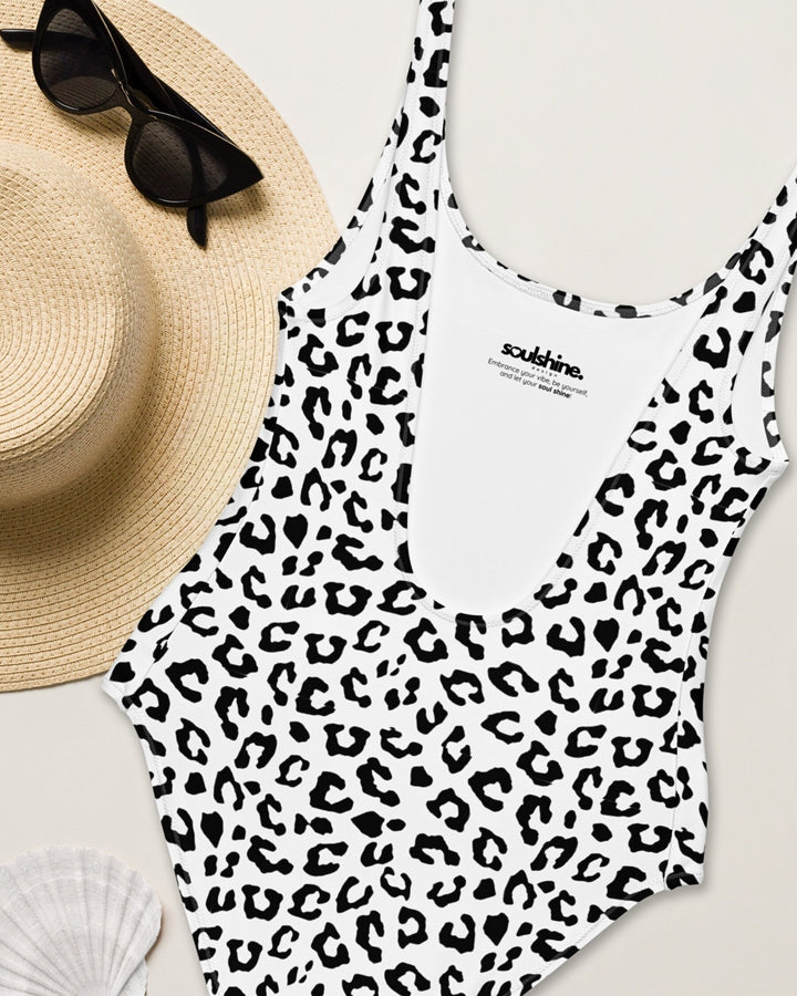 ONE PIECE SWIMSUIT - Black White Animal Print Leopard Women Bathing Suit Sun Protection Ladies Swim Wear Beach Vacation Pool Party Swimming