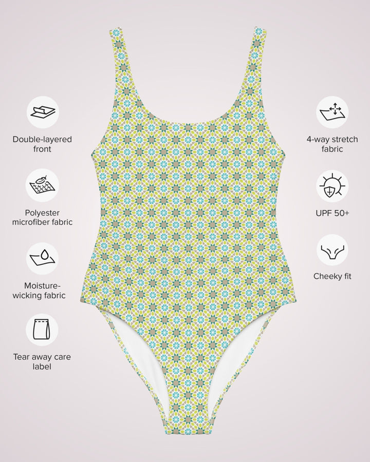 ONE PIECE SWIMSUIT - Green Geometric Print Womens Bathing Suit with Sun Protection Ladies Swim Wear For Beach Vacation Pool Party Swimming