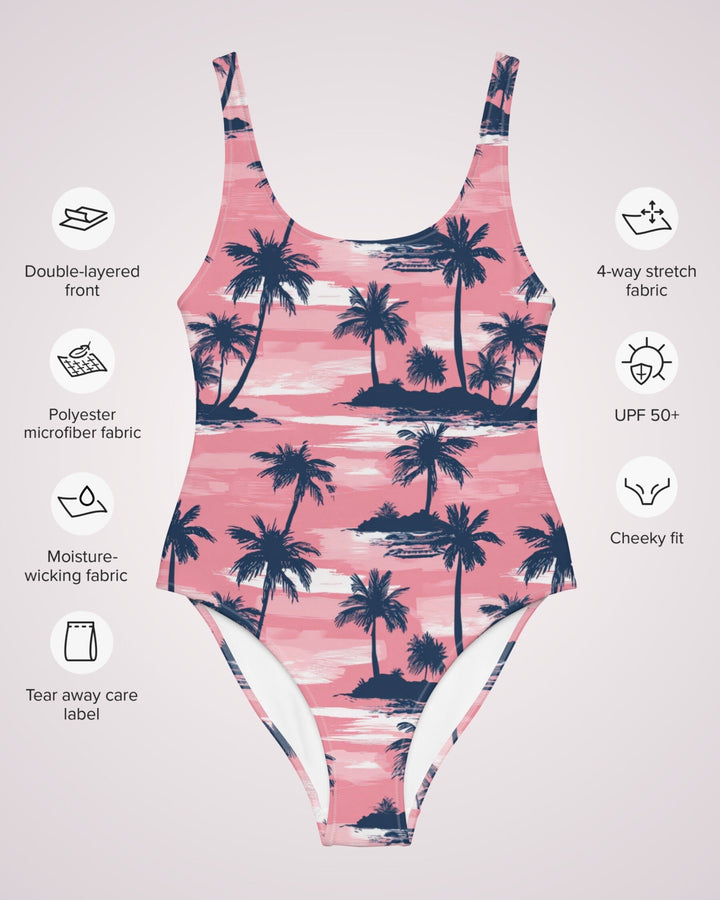 ONE PIECE SWIMSUIT - Pink Palm Trees Tropical Women Bathing Suit with Sun Protection Ladies Swim Wear For Beach Vacation Pool Party Swimming