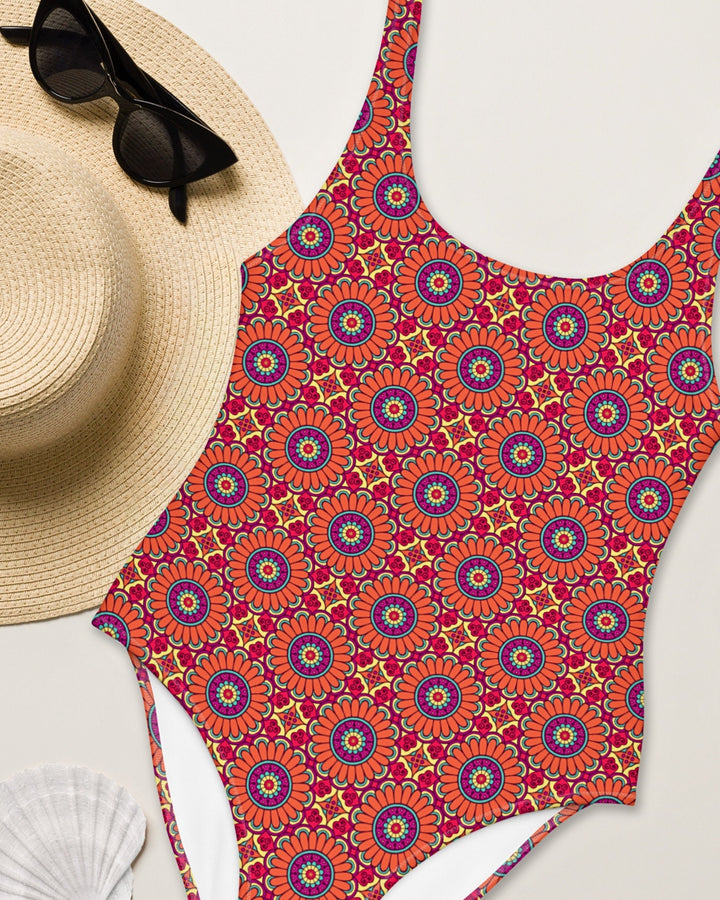 ONE PIECE SWIMSUIT - Red Purple Boho Tribal Womens Bathing Suit with Sun Protection Ladies Swim Wear For Beach Vacation Pool Party Swimming