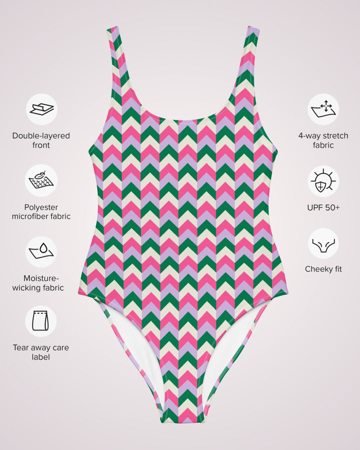 ONE PIECE SWIMSUIT - Colorful Chevron Retro Womens Bathing Suit with Sun Protection Ladies Swim Wear For Beach Vacation Pool Party Swimming