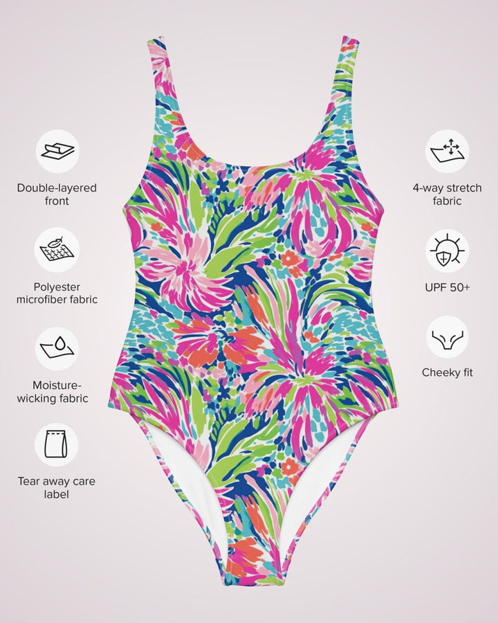 ONE PIECE SWIMSUIT - Tropical Floral Print Womens Bathing Suit with Sun Protection Ladies Swim Wear For Beach Vacation Pool Party Swimming