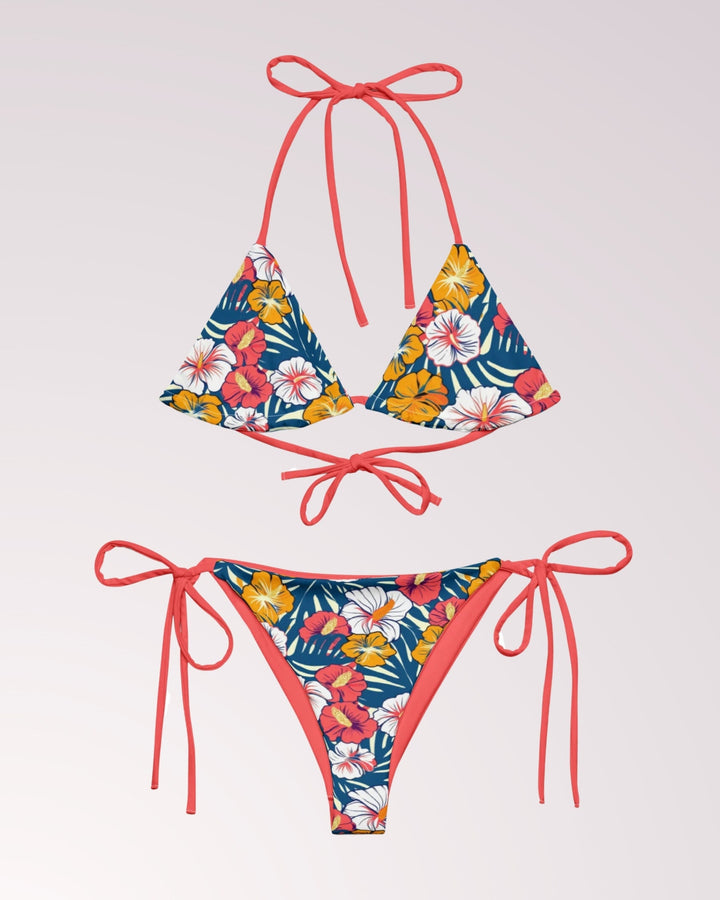 FLORAL BIKINI - Hawaiian Print Flower Print Classic String Bikini Set Womens Swimwear with Sun Protection For Beach Vacation Pool Party