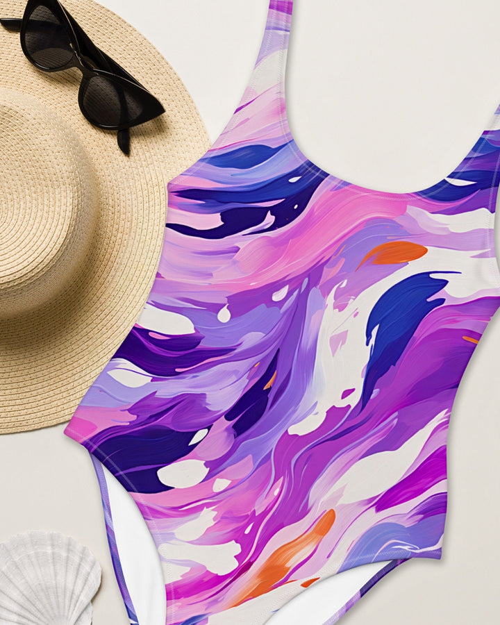 ONE PIECE SWIMSUIT - Pink & Purple Abstract Womens Bathing Suit with Sun Protection Ladies Swim Wear For Beach Vacation Pool Party Swimming