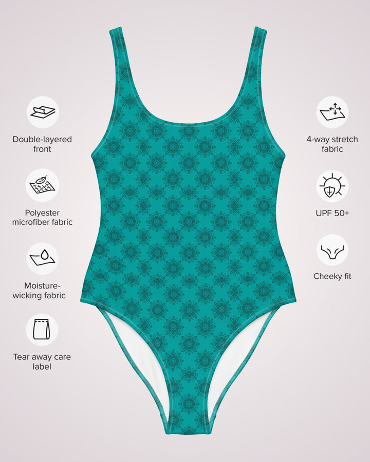 Womens One Piece Swimsuit - Green Boho Print