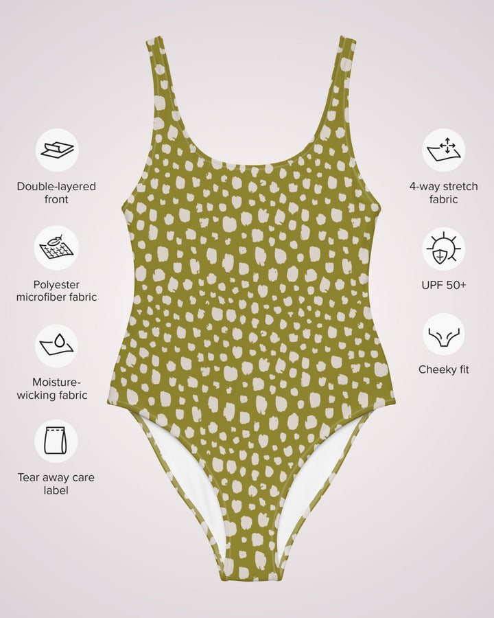 ONE PIECE SWIMSUIT - Green & White Polka Dot Womens Bathing Suit with Sun Protection Ladies Swim Wear For Beach Vacation Pool Party Swimming