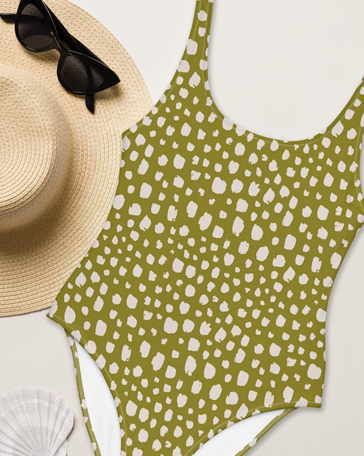 Womens One Piece Swimsuit - Green & White Polka Dot