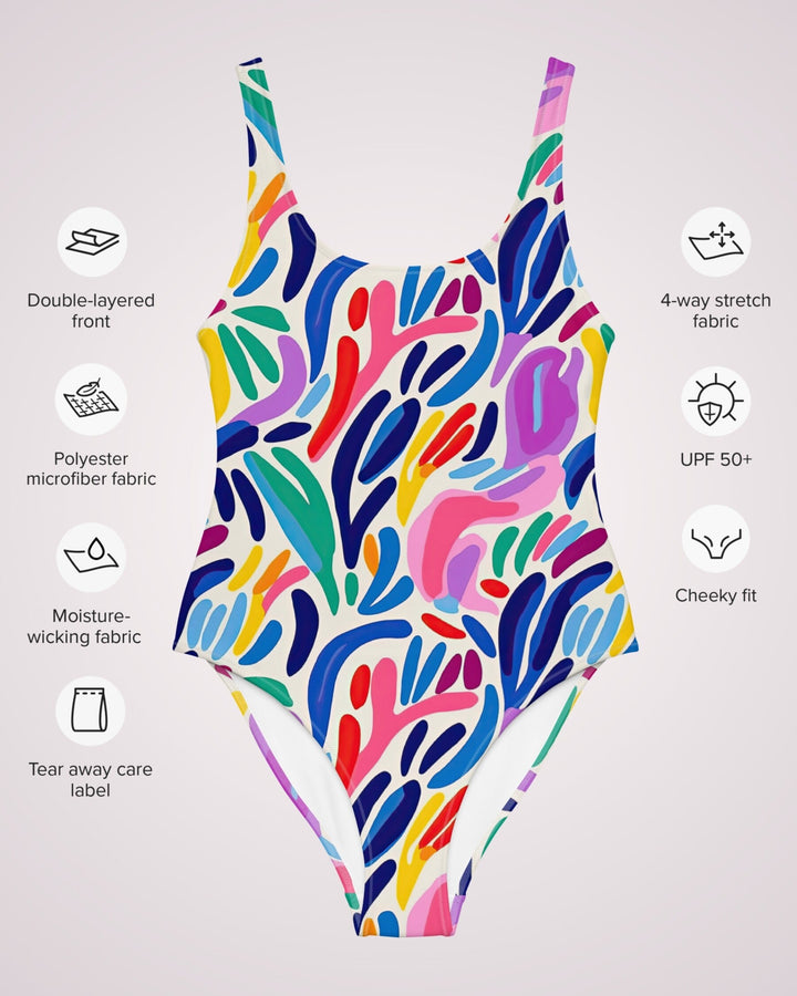 ONE PIECE SWIMSUIT - Colorful Abstract Print Womens Bathing Suit with Sun Protection Ladies Swim Wear For Beach Vacation Pool Party Swimming