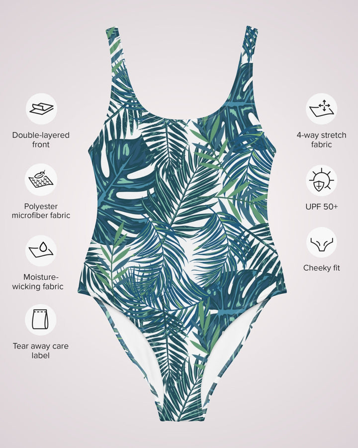 ONE PIECE SWIMSUIT - Green Tropical Leaves Print Womens Bathing Suit Sun Protection Ladies Swim Wear For Beach Vacation Pool Party Swimming