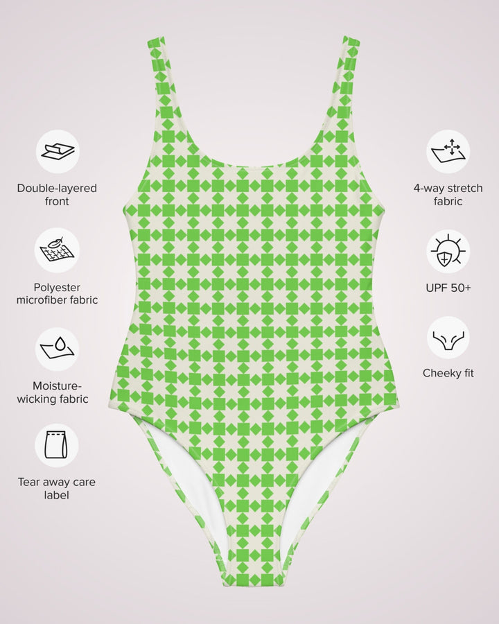 ONE PIECE SWIMSUIT - Retro Green White Checkered Womens Bathing Suit Sun Protection Ladies Swim Wear For Beach Vacation Pool Party Swimming