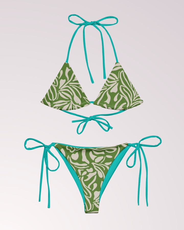 GREEN FLORAL BIKINI - Green Flower Print Classic String Bikini Set Womens Swimwear with Sun Protection For Beach Vacation Pool Party