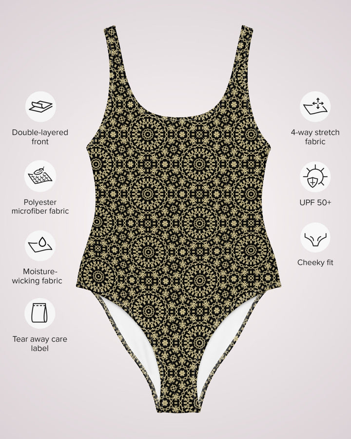 ONE PIECE SWIMSUIT - Black & Gold Boho Print Womens Bathing Suit with Sun Protection Ladies Swim Wear For Beach Vacation Pool Party Swimming