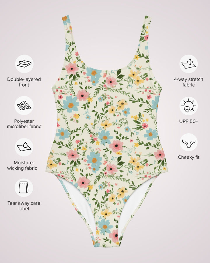 ONE PIECE SWIMSUIT - Pastel Boho Flower Print Women Bathing Suit with Sun Protection Ladies Swim Wear For Beach Vacation Pool Party Swimming