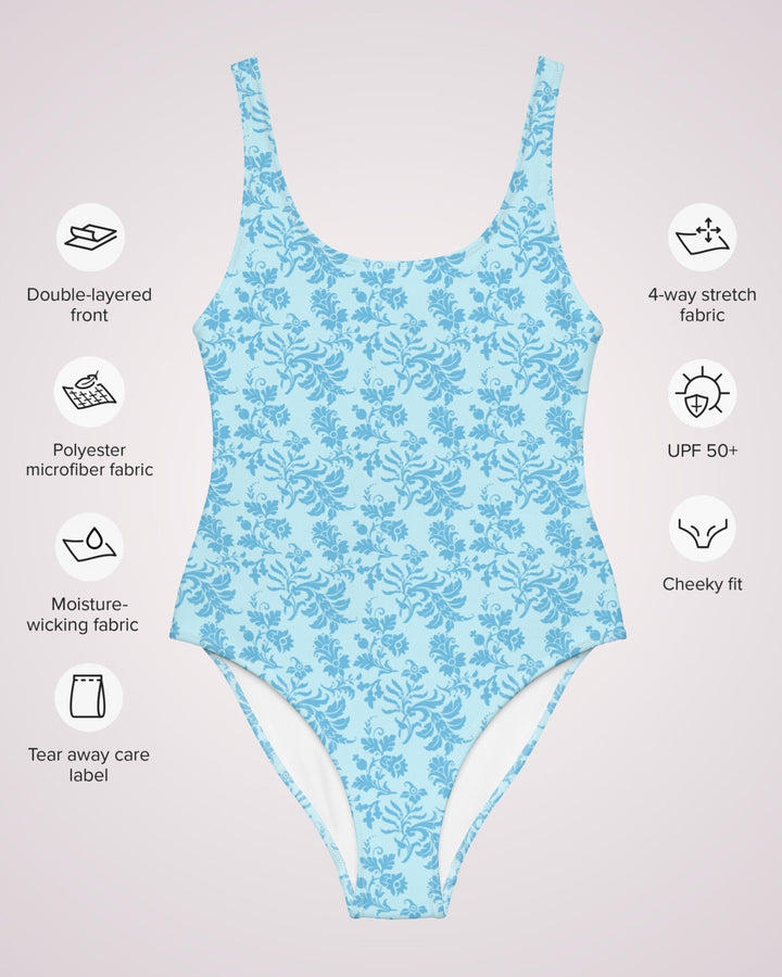 ONE PIECE SWIMSUIT - Blue Floral Print Womens Bathing Suit with Sun Protection Ladies Swim Wear For Beach Vacation Pool Party Swimming