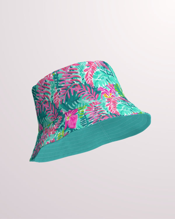 Tropical Floral Reversible Bucket Hat - Unisex Hat with Sun Protection for Beach Pool Party Vacation Travel Cruise, Cute Hawaiian Print Hat