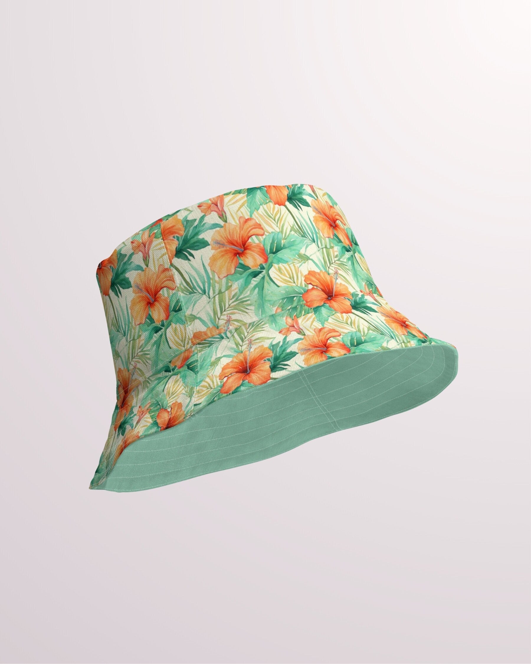 Tropical Floral Reversible Bucket Hat - Unisex Hat with Sun Protection for Beach Pool Party Vacation Travel Cruise, Orange Hibiscus Print