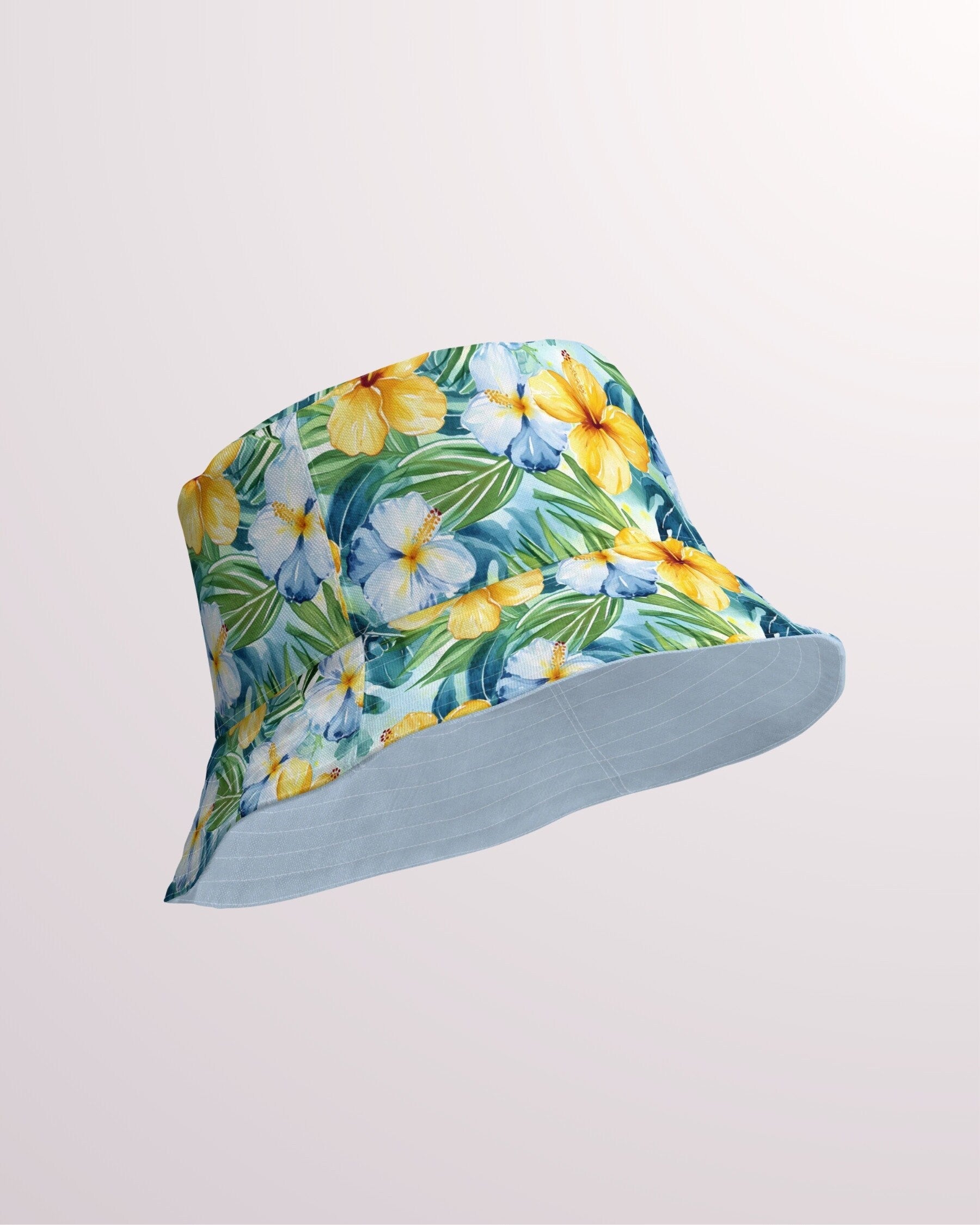 Tropical Floral Reversible Bucket Hat - Unisex Hat with Sun Protection for Beach Pool Party Vacation Travel Cruise, Hawaiian Print