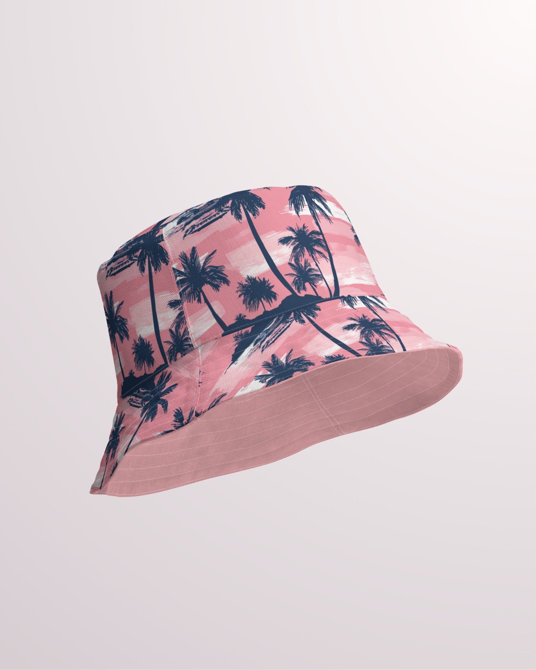 Tropical Floral Reversible Bucket Hat - Unisex Hat with Sun Protection for Beach Pool Party Vacation Travel Cruise, Pink Hawaiian Print