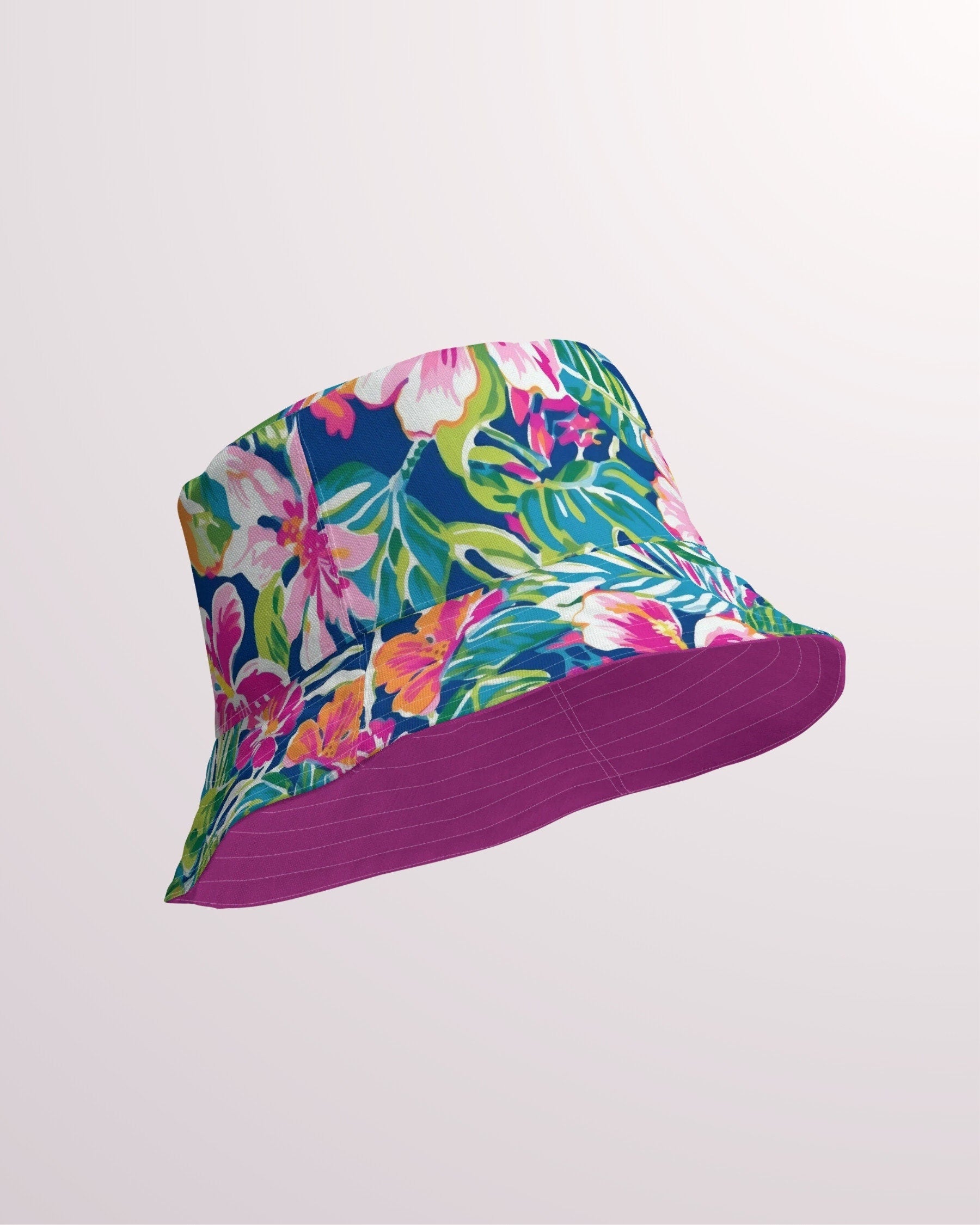 Tropical Floral Reversible Bucket Hat - Unisex Hat with Sun Protection for Beach Pool Party Vacation Travel Cruise, Cute Tropical Print Hat